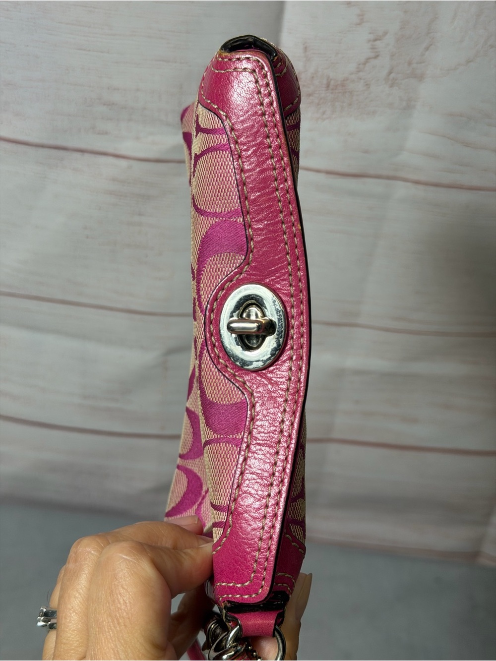 Coach Turlock Hot Pink Jaquard Leather Canvas Wrislet Mini Bag Y2K - Picture 3 of 14